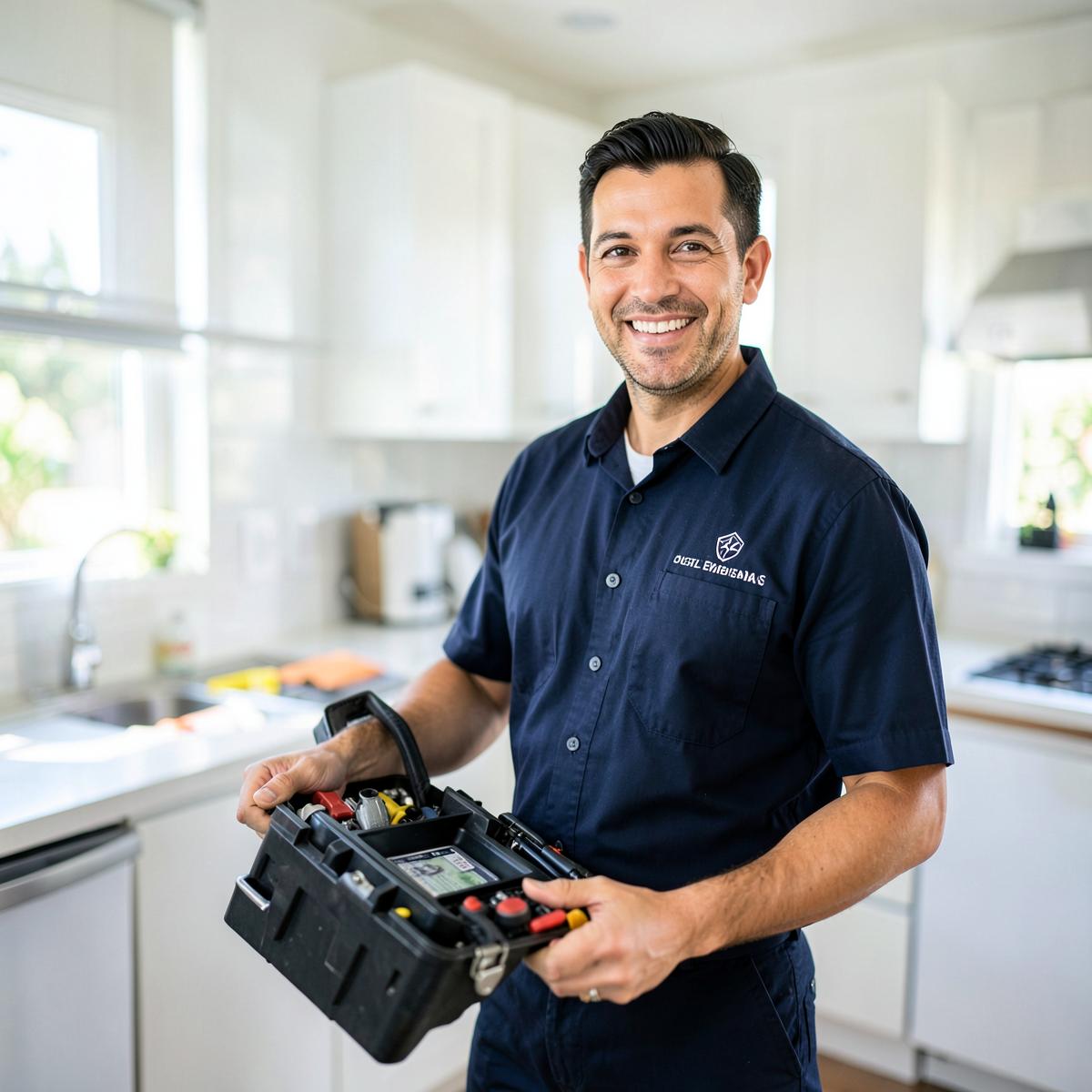 Técnico de electrodomésticos sonriendo con su caja de herramientas